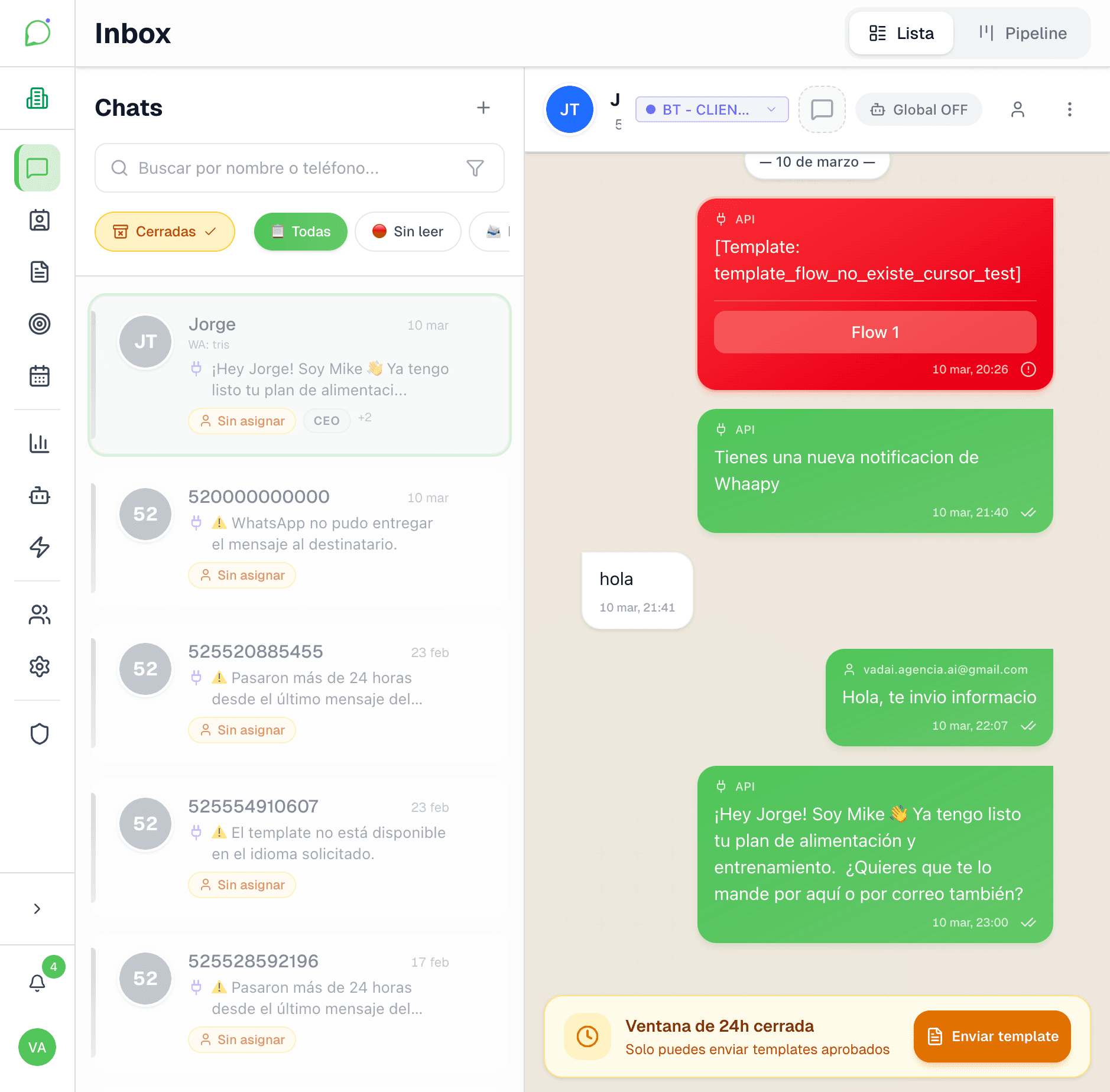 Inbox de Whaapy con conversacion y respuestas automaticas