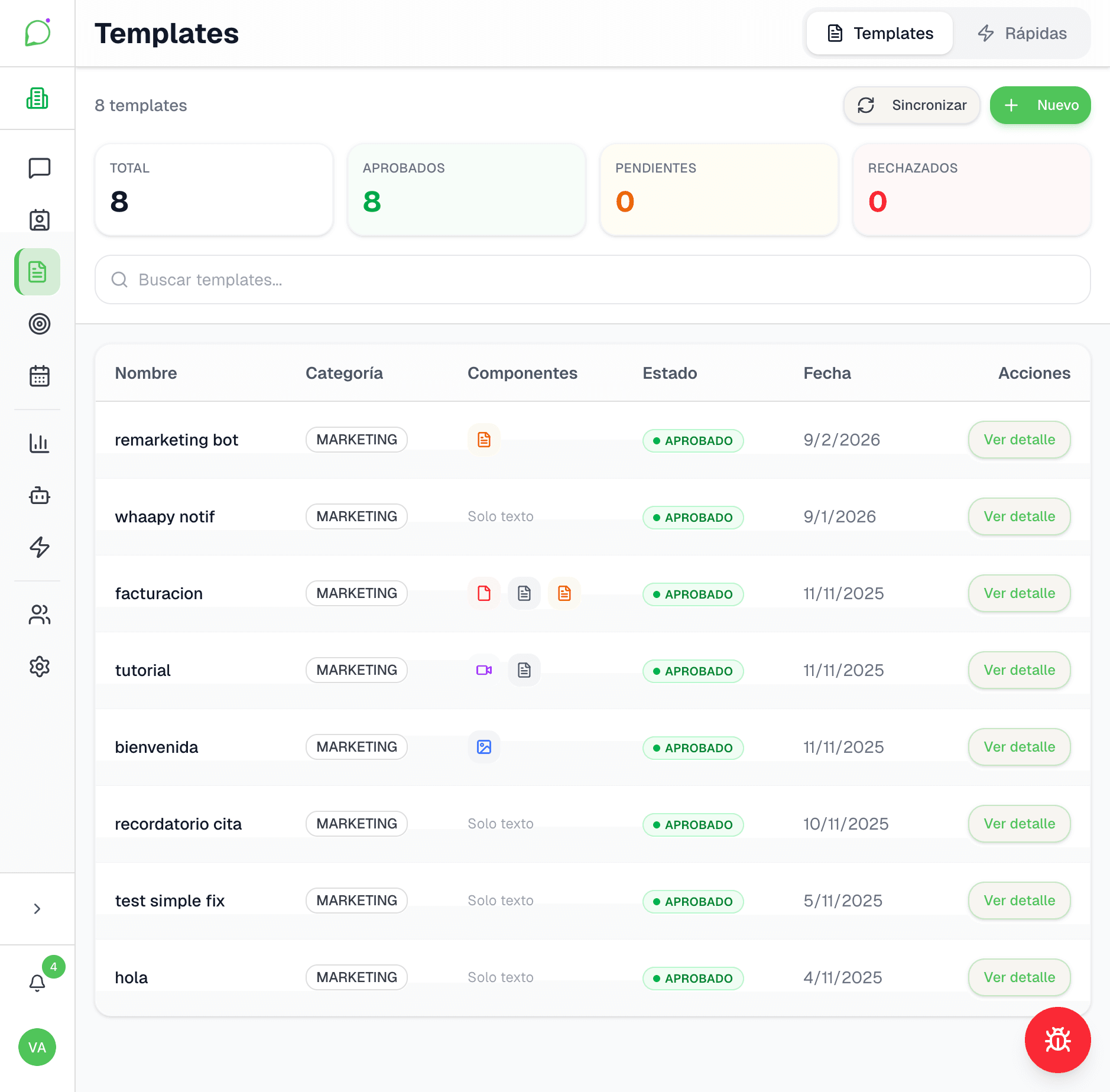 Panel de templates de WhatsApp en Whaapy